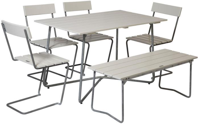 Bild 7, Bänk 8 Vitlackad Ek / Varmförzinkat Stativ - Grythyttan Stålmöbler - Bonus Möbler