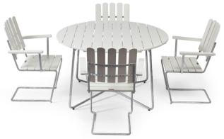 Bord 9A 100 och F&aring;t&ouml;lj A2 Vitlackad Ek / Varmf&ouml;rzinkat Stativ | Grythyttan St&aring;lm&ouml;bler | Bonus M&ouml;bler